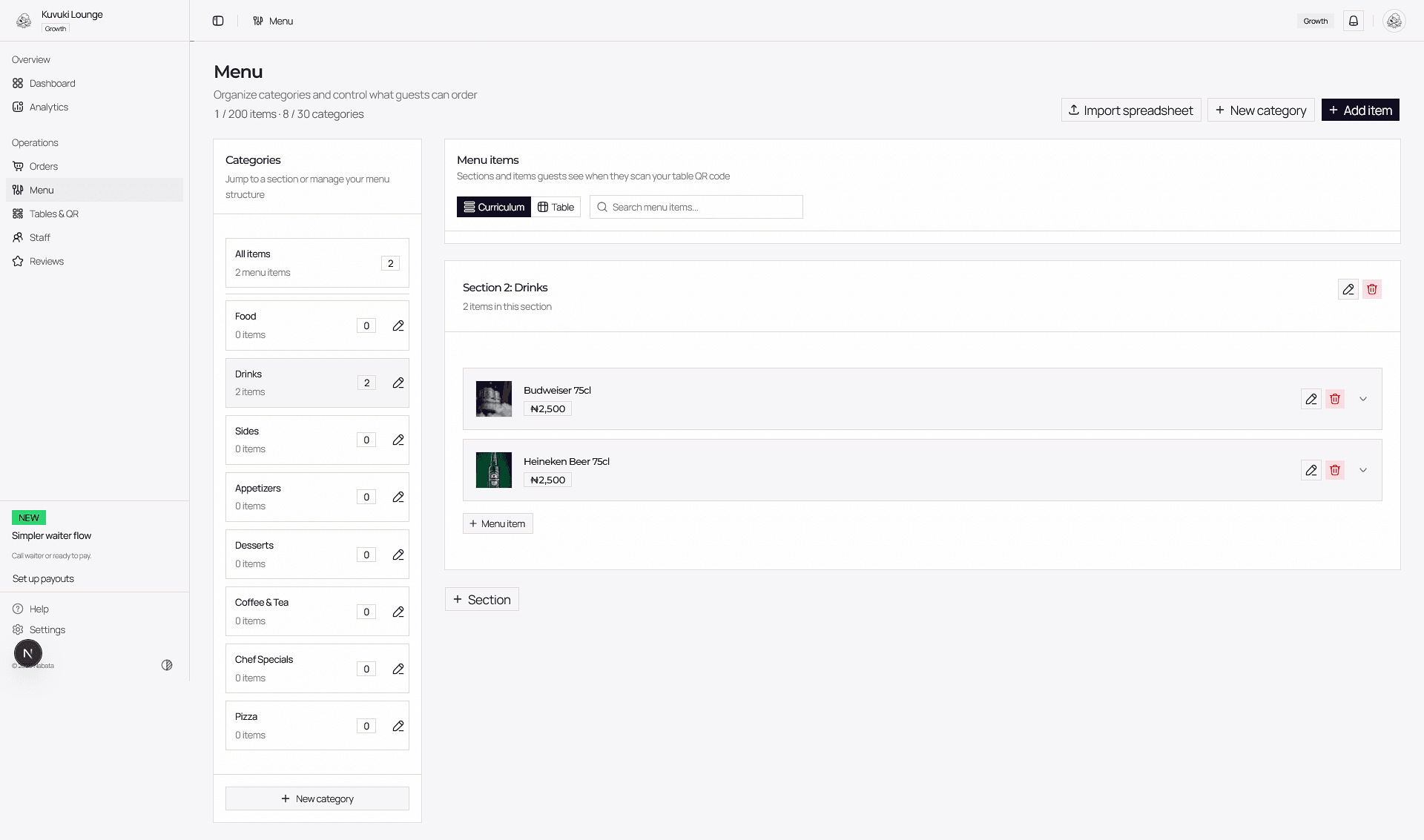 Nabata menu dashboard with items and prices in one list