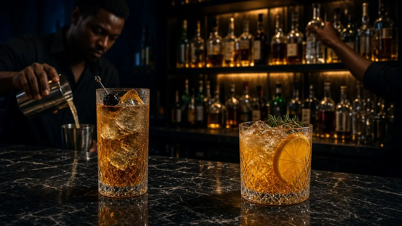 Cocktails on a Lagos bar while staff pour what actually sold tonight.