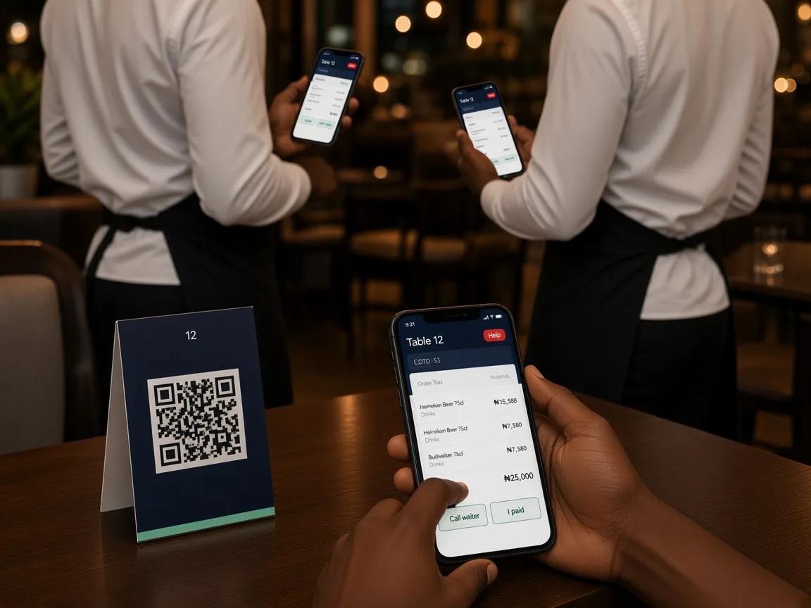 Guest tapping Call waiter while staff phones receive the table alert.