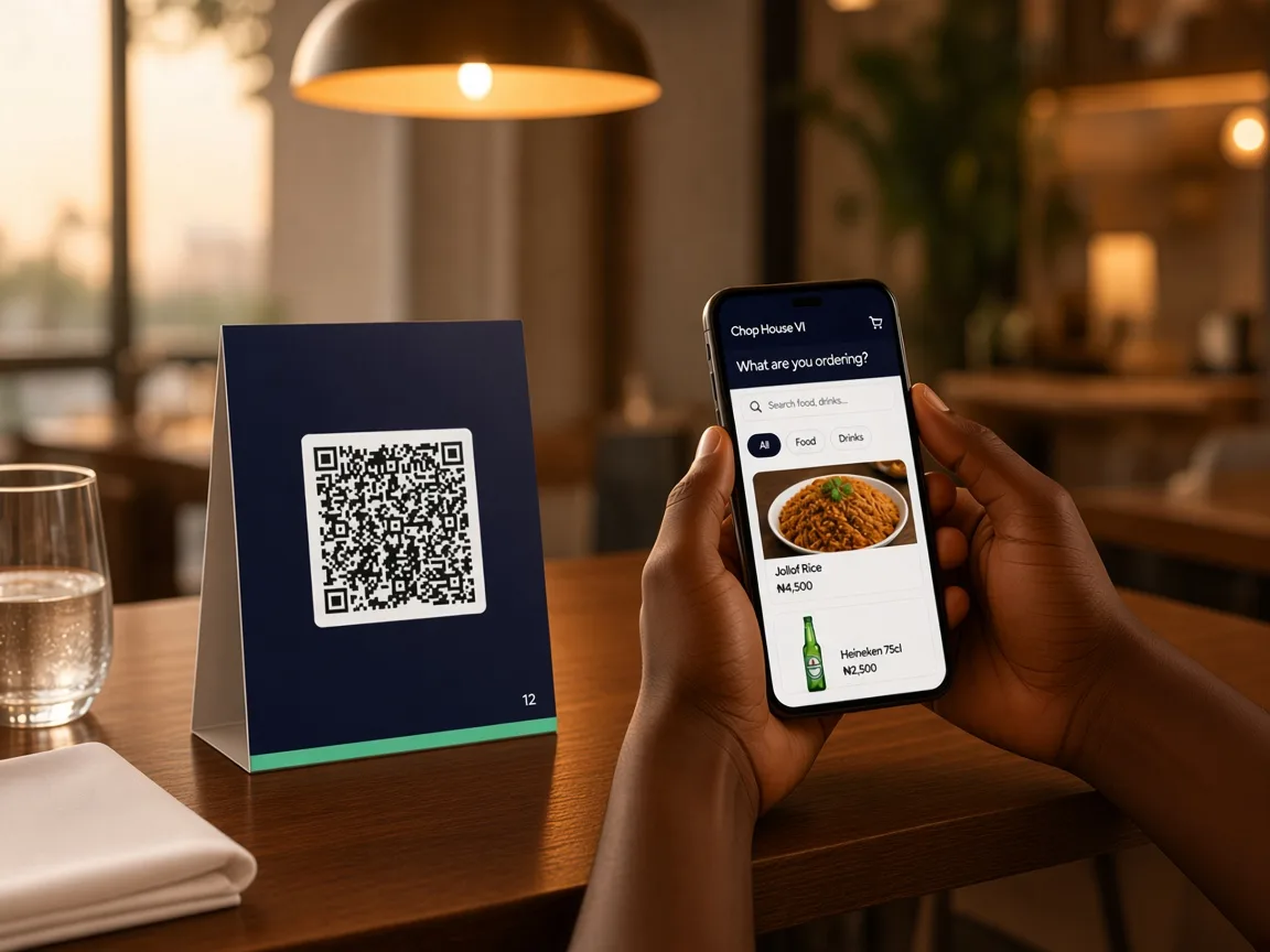 Hands scanning a table QR plate card, with the guest menu open on the phone.