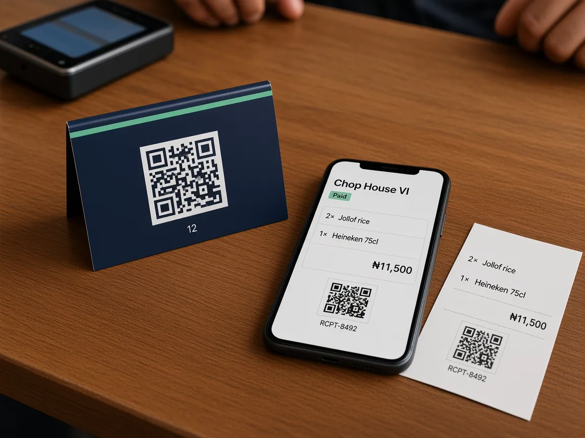 Digital Nabata receipt next to a matching POS paper slip and a table QR card.